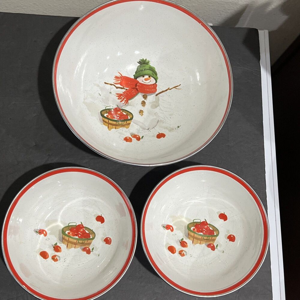 Hallmark Jan Karon Mitford Snowman Apples Enamel Metal Serving & Cereal Bowl Set